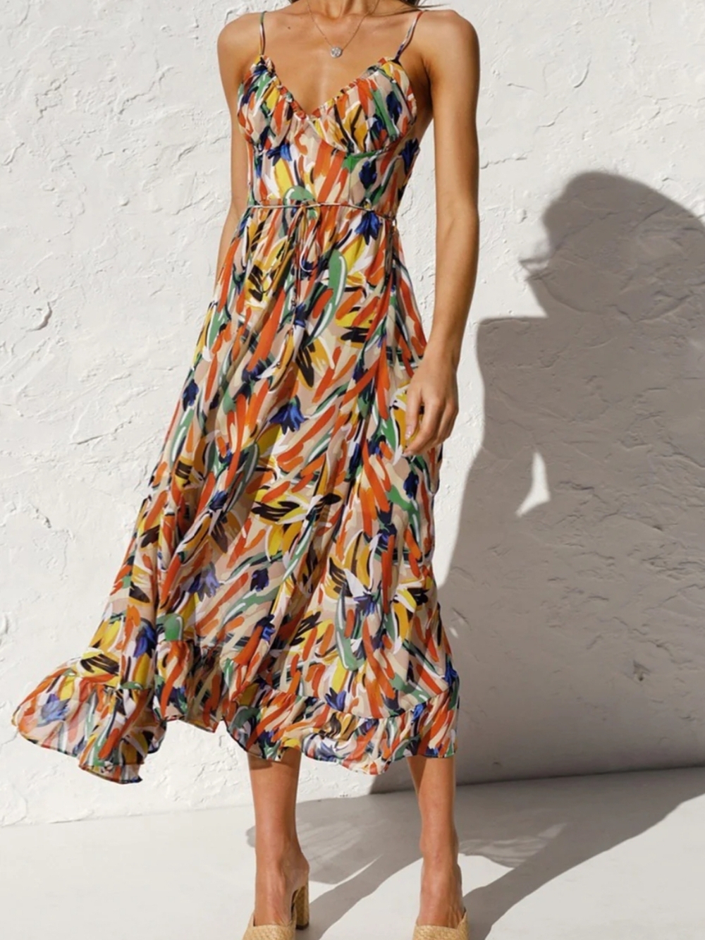 Commense Multicolor Abstract Floral thin adjustable Strap Midi Dress size XS NWT